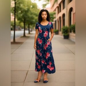 Blue and Pink short Sleeve Maxi Sundress